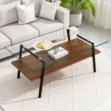 Ensemble de table de salon 3 pièces Mariabella avec plateau en verre, pieds en métal et tablettes de rangement à 2 niveaux, comprenant 1 table basse et 2 tables d'appoint