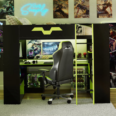 Full Size Wood Loft Bed With Power Outlet & USB/Type-C Ports, Integrated Cable Management, And RGB Light, Green