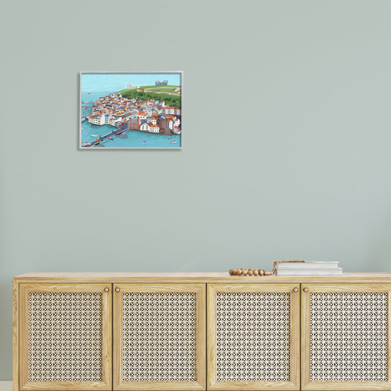 Beautiful Seaside City Buildings Port Town Boats Illustration by Carla Daly - Print, 20" W x 16" H, Grey Framed