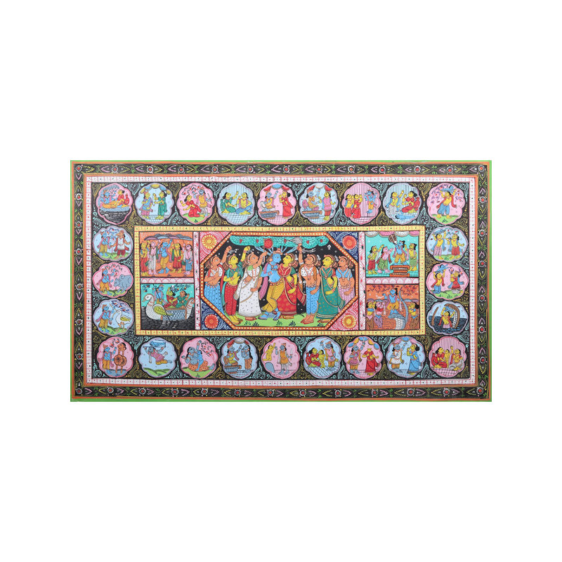 «Krishna with Gopis Pattachitra», peinture sur toile par Purna Chandra, décoration murale H 24 po x l 40 po Odisha