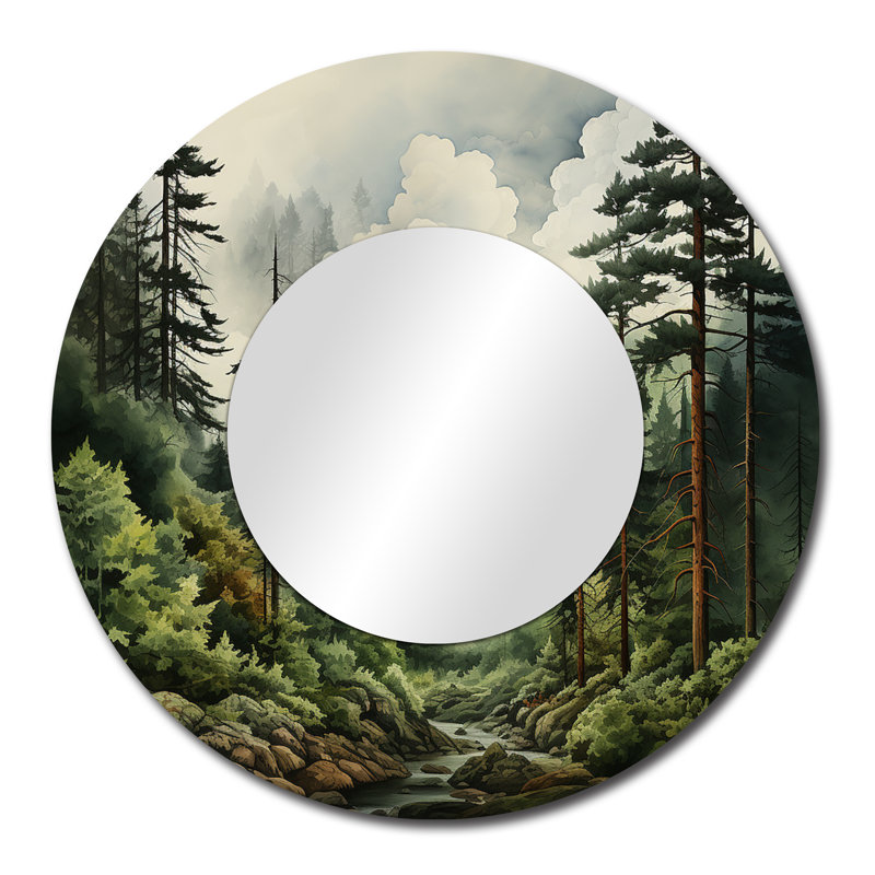 Pine Tree Forest - Pine Wall Mirror, Green Round Decorative Mirror, Printed Metal Art, 29" x 29"