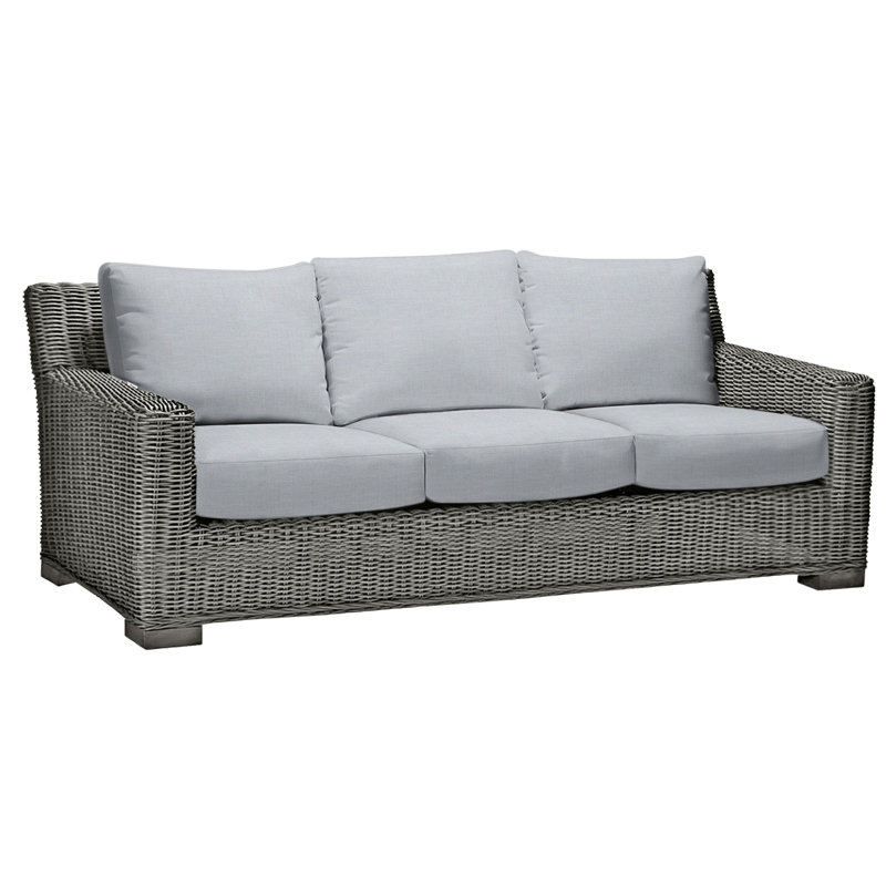 Rustic 81.25" Wide Outdoor Wicker Patio Sofa with Cushions, Slate Gray, No Welt, Linen Chambray