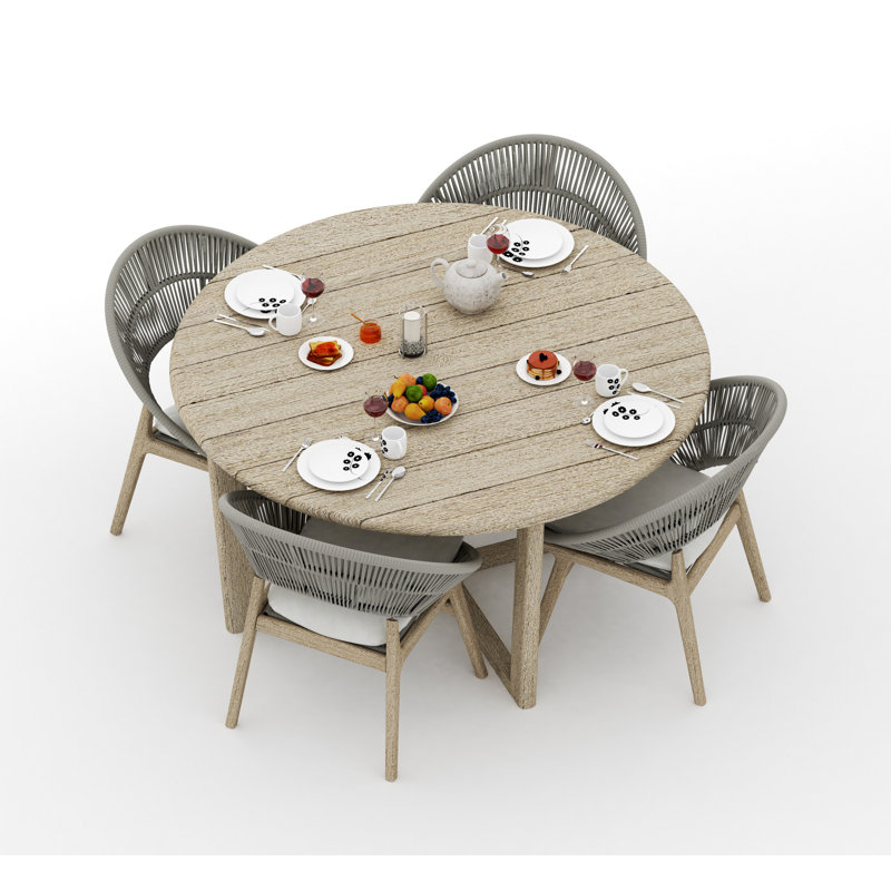 4 Seats 5 Pcs Grade-A Weathered Teak Wood Dining Set: 60" Sema Round Table And 4 Robas Arm Chairs #11Ro3504, 4