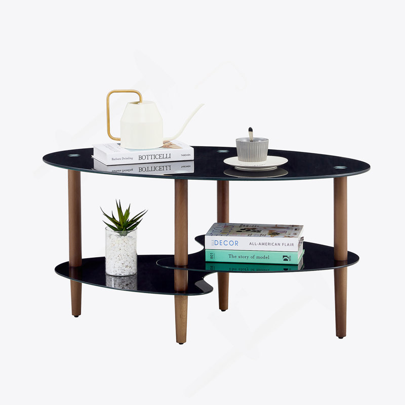 Table basse ovale noire en verre, table moderne avec pieds en chêne
