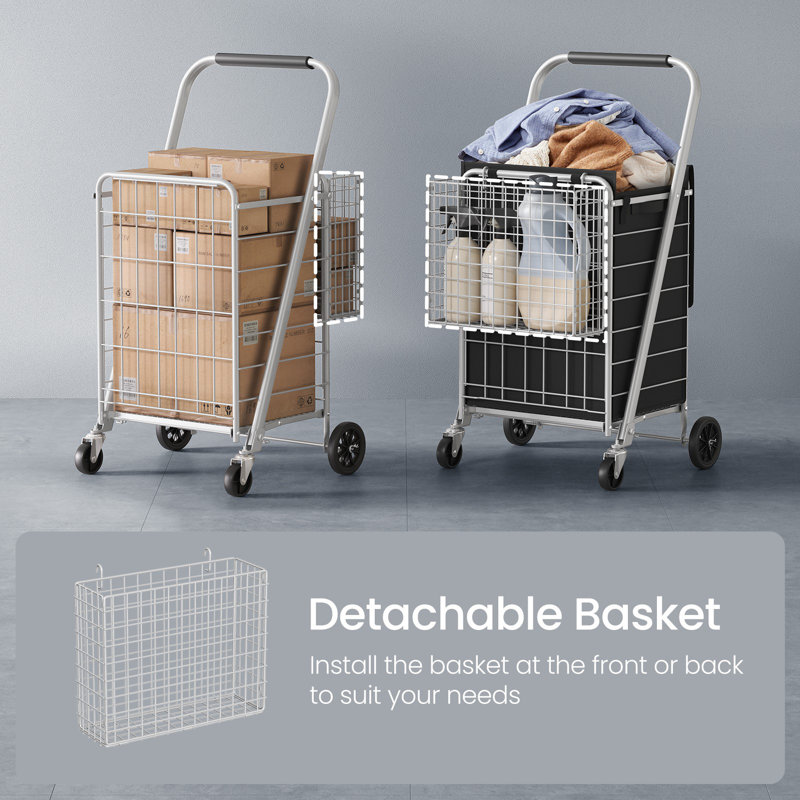 Heavy Duty Grocery Cart With 360° Swivel Wheels, Gray
