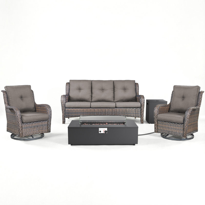 Deeomninia 4-Piece All Weather Wicker Patio Conversation Set With Swivel Gliders And Split Fire Pit Table