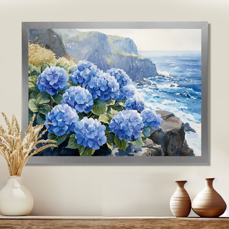 Hydrangées au bord de la mer, falaise I - hydrangées, impressions sur toile, H 30 po x l 40 po, Argent argent