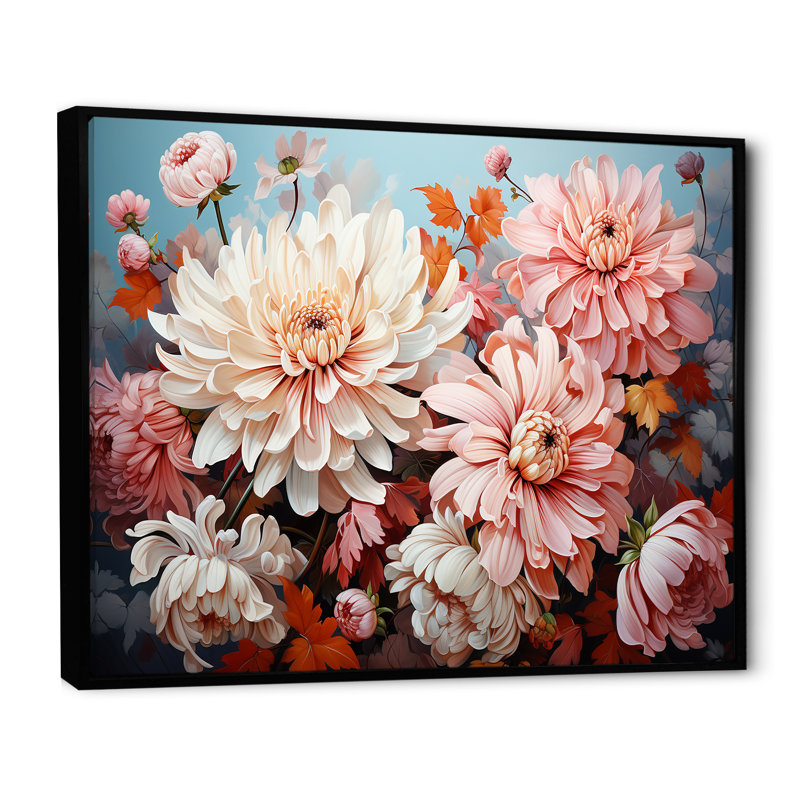 Chrysanthèmes - collage rose et blanc - impression, H 34 po x l 44 po x P 1,5 po, Cadre flottant noir