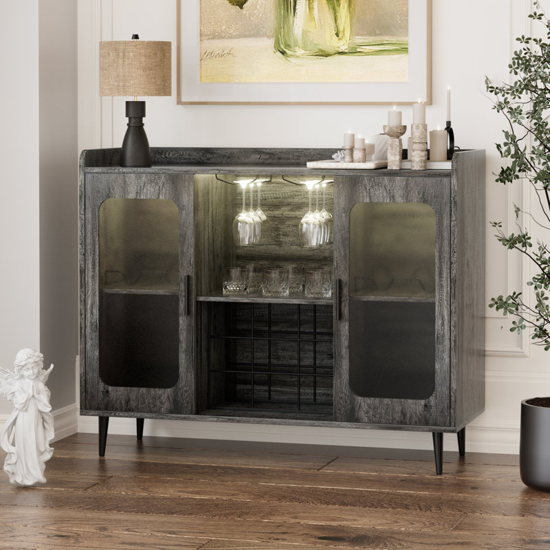 Xachary 40'' Wine Bar Cabinet with 4-Tier Storage for Glasses with LED Lights, Sideboard with Doors, Gray