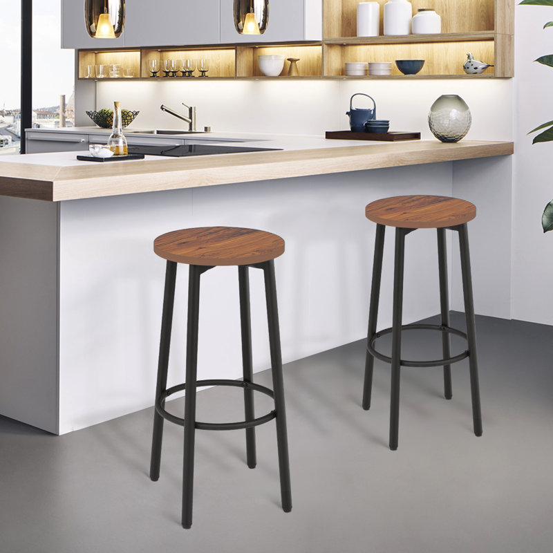 Round Kitchen Backless Bar Stool With Footrest, Rustic Brown