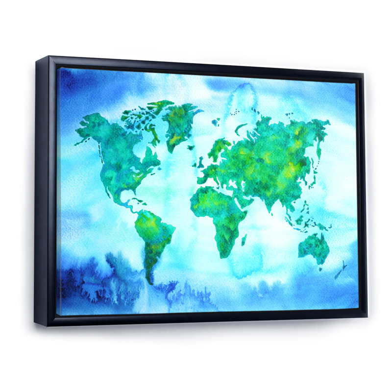 «World Map Blue Green Tone III», reproduction sur toile flottante, H 8 po x l 12 po x P 1 po, Cadre flottant noir