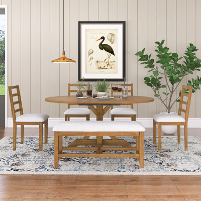 6-Piece Oval Extendable Solid Wood Construction Dining Table Set With 18Inch Removable Leaf, 1 Bench,4 Ladder Back Upholstered Chairs,Easy To Install