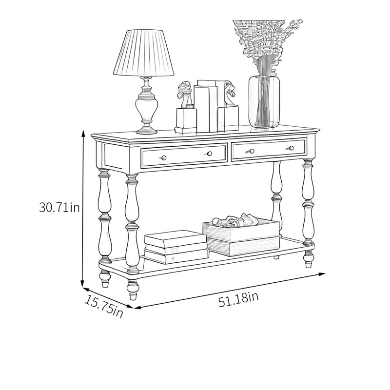 Console ouverte en bois de style américain, H 30,71 po x l 51,18 po x P 15,75 po, Brun