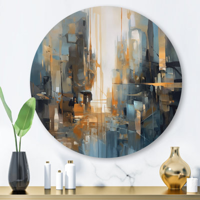 Mélange géométrique orange et bleu - art minimaliste abstrait en métal rond