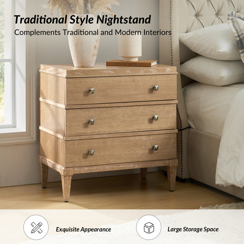 Taesan 28'' H 3-Drawer Nightstand with Built-in Charging Station and Solid Wood Legs (Set of 2)