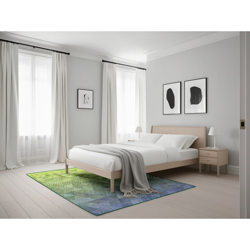 Tapis vert/bleu foncé à motifs, Rectangle 5 pi x 7 pi