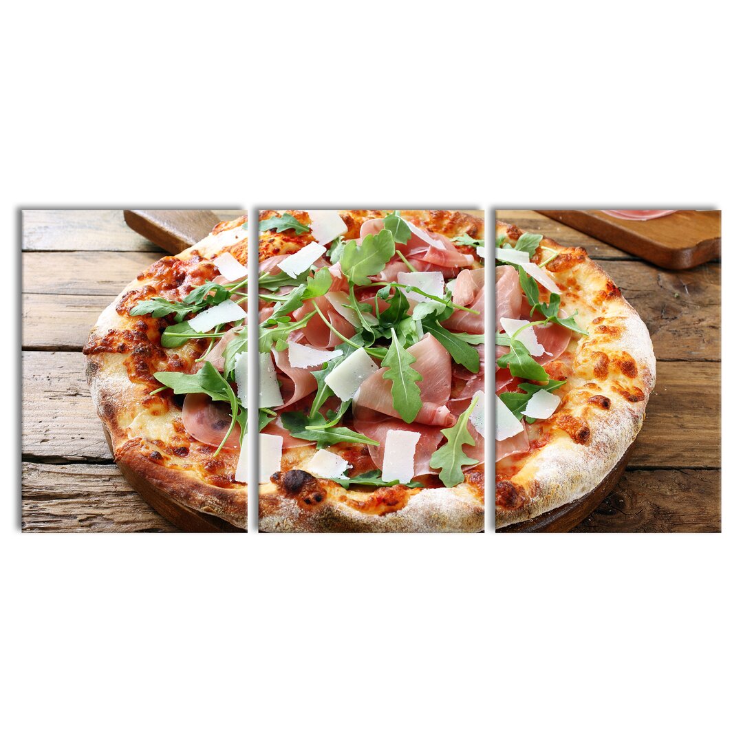 3-tlg. Leinwandbilder-Set Prosciutto Pizza on Wooden Table