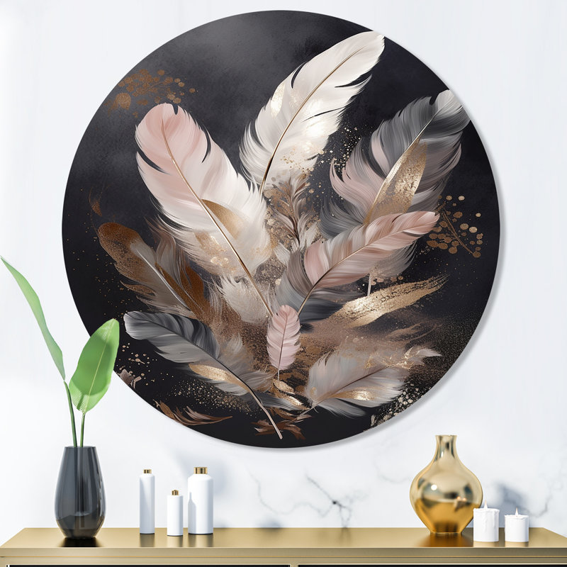 Plume dorée Wanderlust VII - Glam Feather, art mural rond en métal, H 36 po x l 36 po x P 1 po