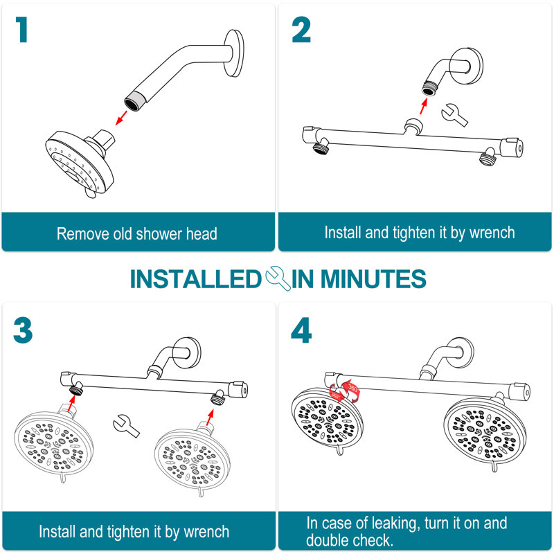 Pomme de douche double avec valve intégrée, conception de pomme de douche double à 8 réglages à haute pression, Nickel brossé