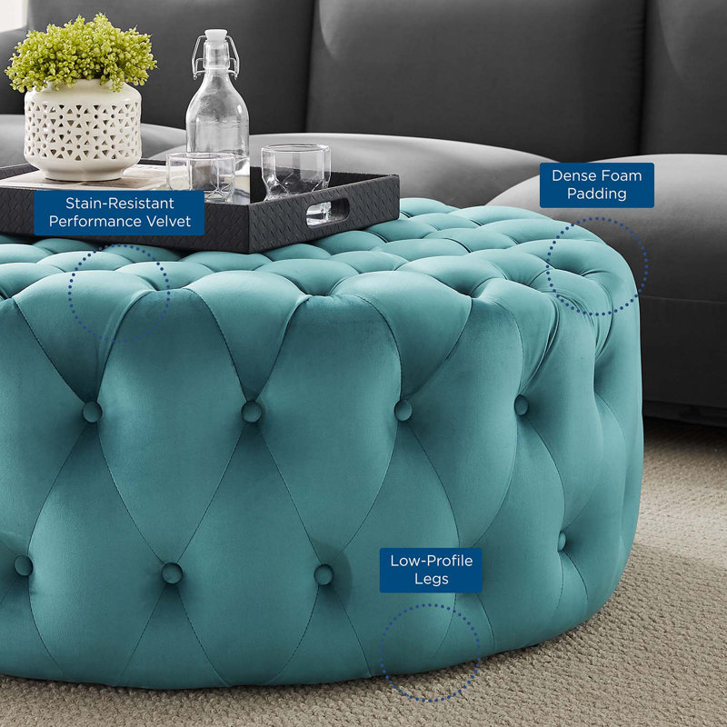Amour Sea Blue Velvet Tufted Round Ottoman, 40"