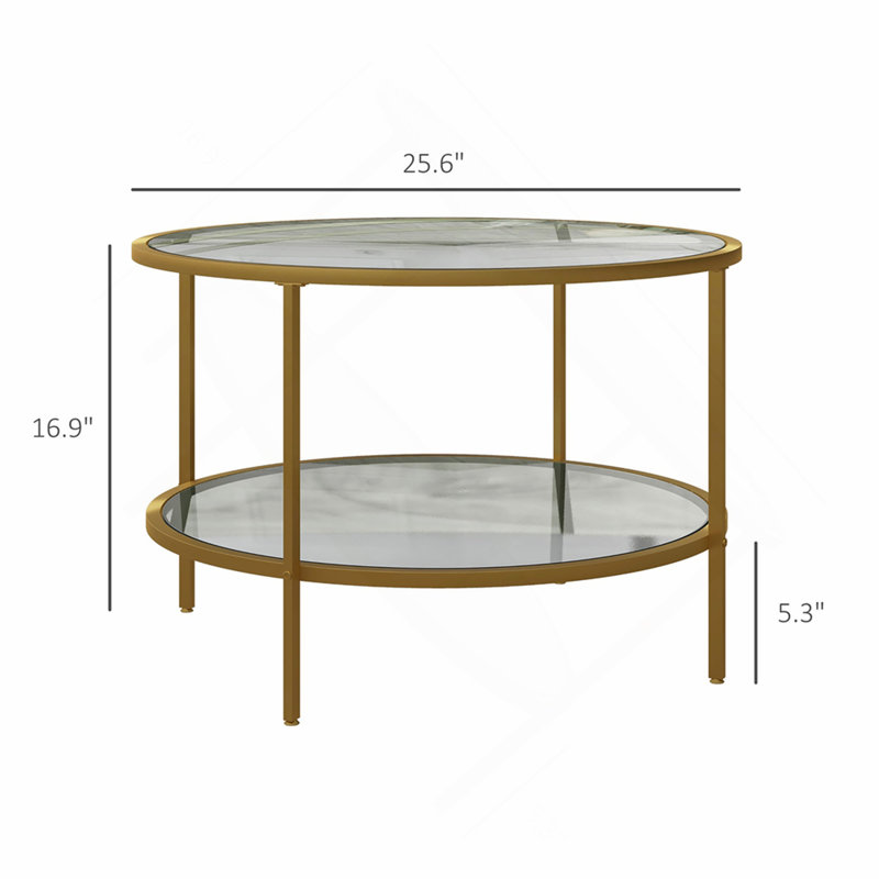 Table d'appoint avec rangement, table de bout ronde de 26 po, table basse à 2 niveaux en verre trempé avec cadre en acier pour le salon, doré