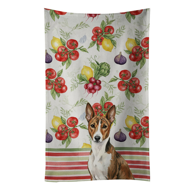 Brindle and White Basenji Vegetables Kitchen Towel, Brindle/White Basenji
