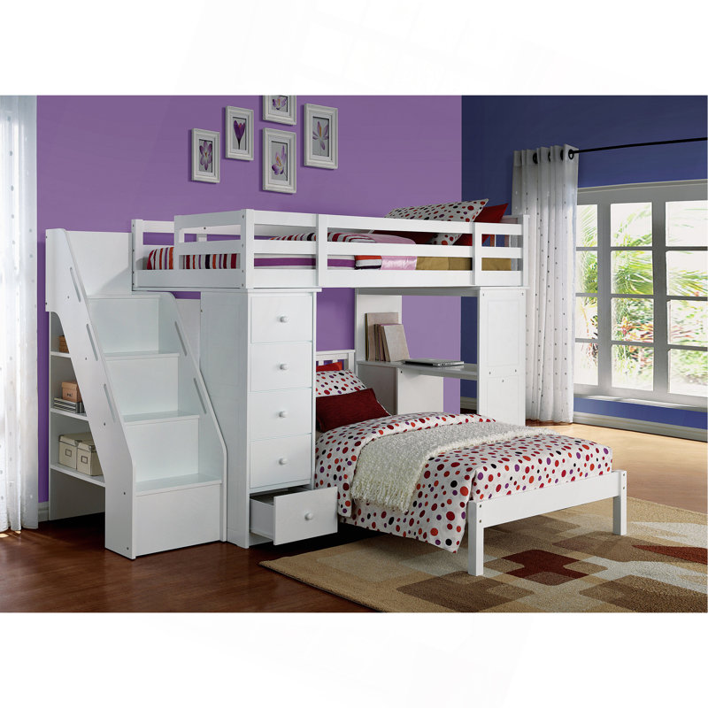 Lit mezzanine Freya avec finition blanche et rangement (sans le lit simple inférieur)