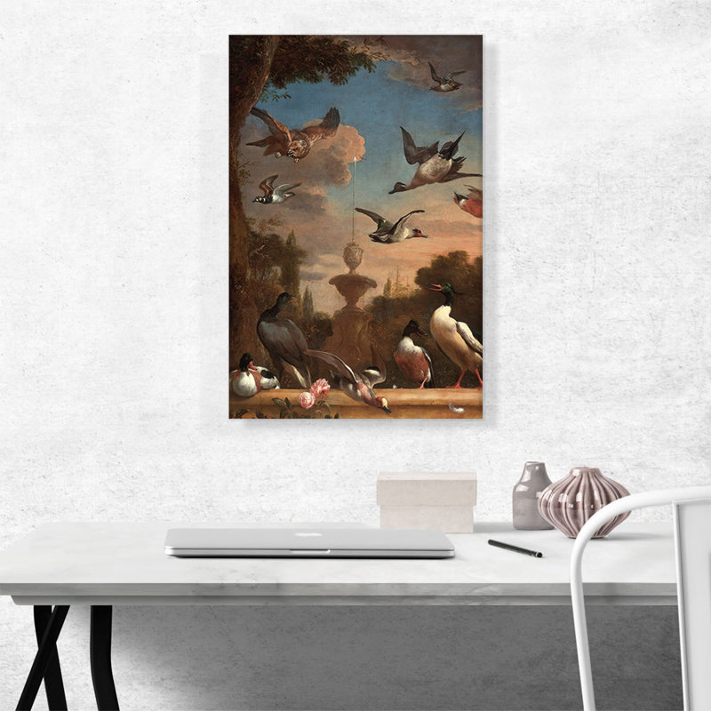 «Ducks» par Fountain par Melchior d-Hondecoeter - reproduction d'art sur toile tendue, H 26 po x l 18 po x P 1,5 po