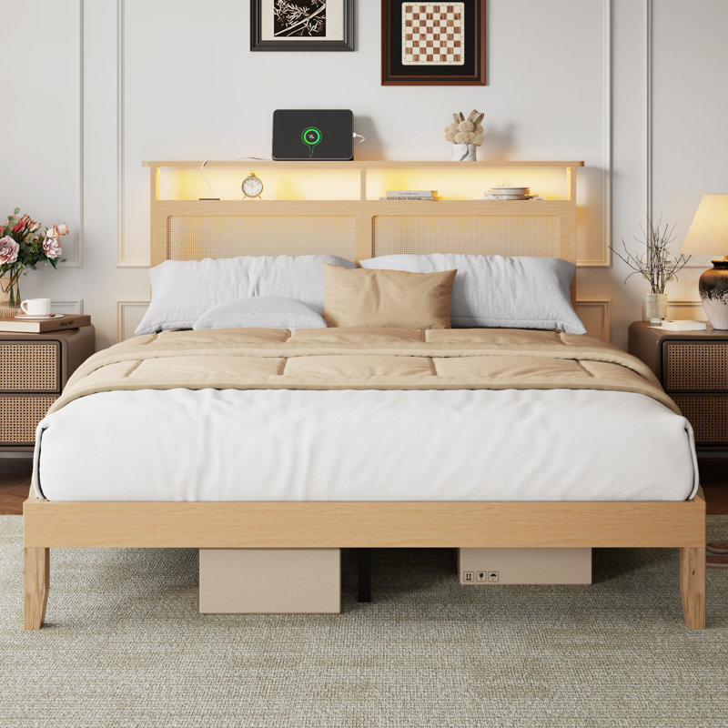 Queen Size Platform Bed Frame with Rattan LED Headboard, Storage, Charging Station & Under Bed Storage, Natural Solid Wood, No Box Spring Needed