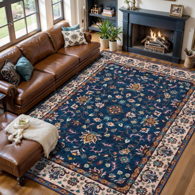 Tapis lavable, tapis à motif floral rétro pour le salon, tapis d'intérieur antidérapant, tapis doux à poils courts et lavable à la machine pour chambre à coucher