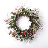 Variegated Holly Berry Christmas Holiday Wreath On Wispy Birch Twig Base
