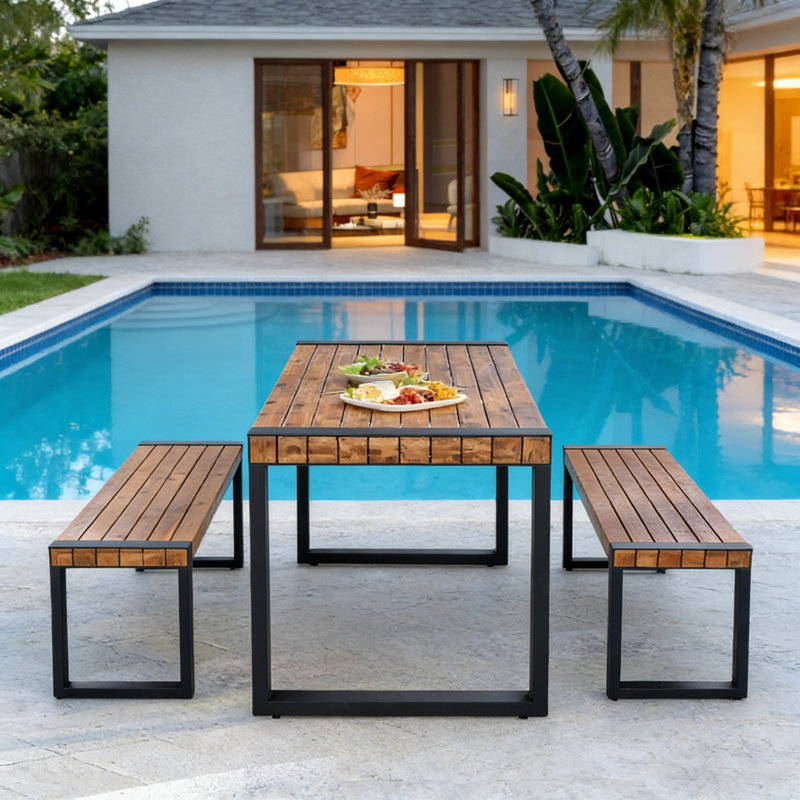 Ensemble repas pour 6 personnes en bois d'acacia avec table rectangulaire pour patio, porche et jardin
