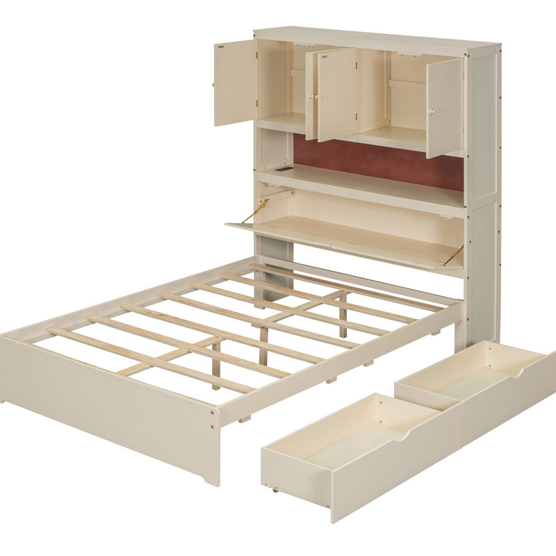 Lit double crème avec espace sous le tiroir et plateforme de raccordement pour tête de lit, options de rangement
