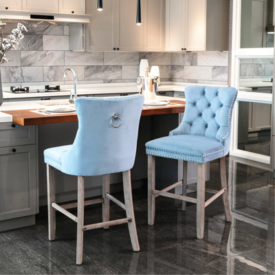 Blue Velvet With Mid-Century Modern Design, Solid Wood Frame, Adjustable Height, Of 2 Bar Chairs Legs, High Rebound Sponge, Noble Style,