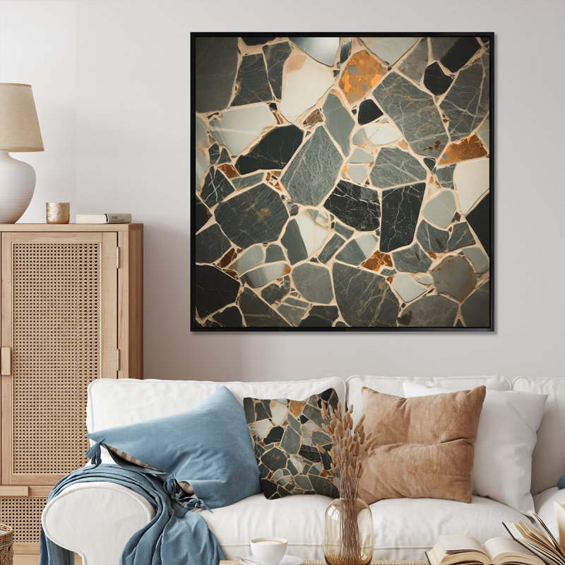 «Gray Abstract Harmony In Tiles II», art mural abstrait, Cadre flottant noir, H 36 po x l 36 po x P 1,5 po