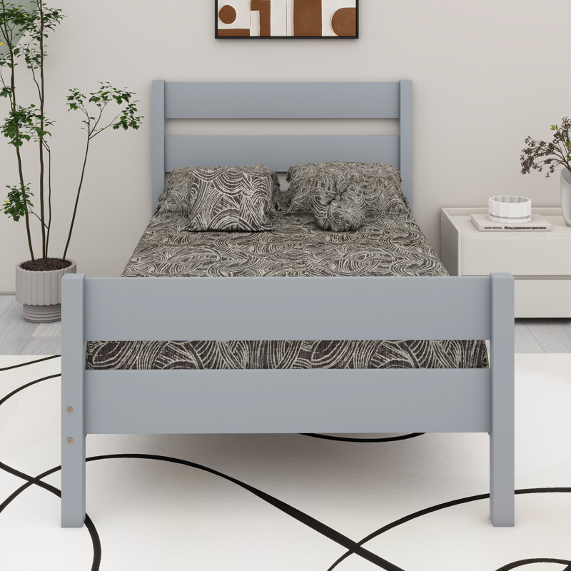 Base de lit avec lattes de bois, tête et pied de lit, Gris