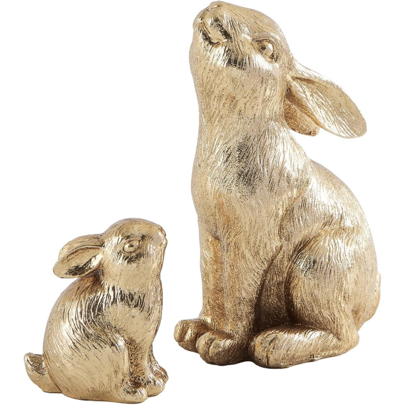 Ensemble de 2 figurines de lapin de Pâques, statue de lapin en résine dorée, décoration de table de Pâques, figurines de lapin pour le printemps, décorations d'intérieur rétro pour salon, cadeau de maison de campagne