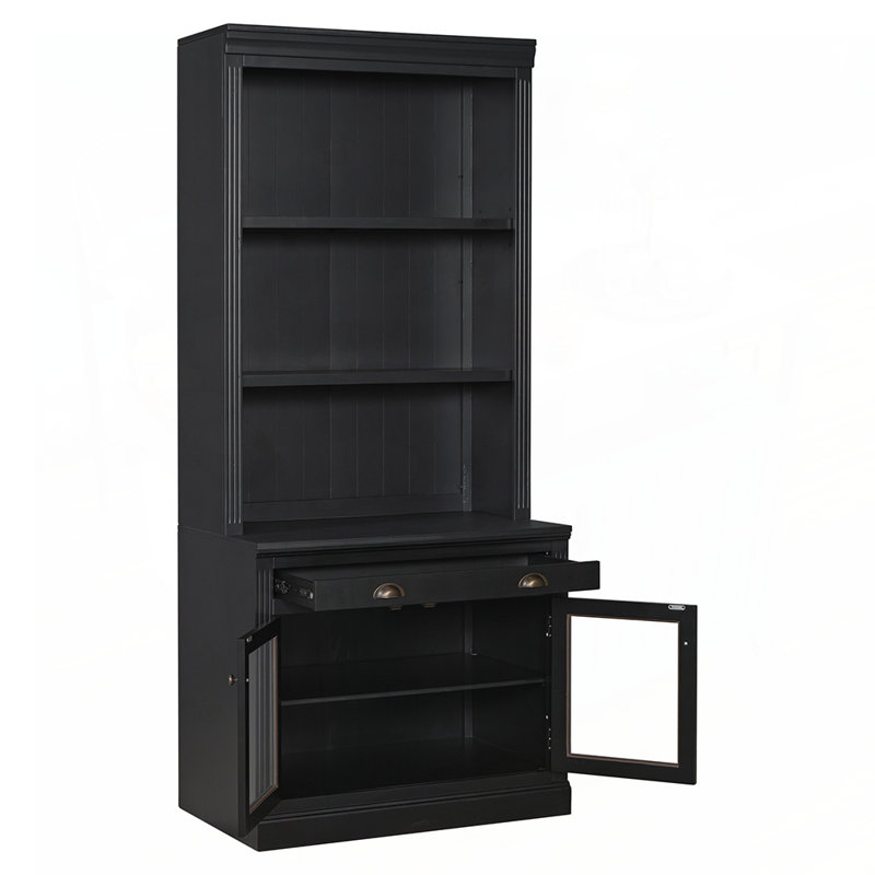 Bibliothèque élégante en bois avec 3 tablettes, 1 tiroir et 2 portes vitrées pour une présentation et un rangement robustes et sécuritaires