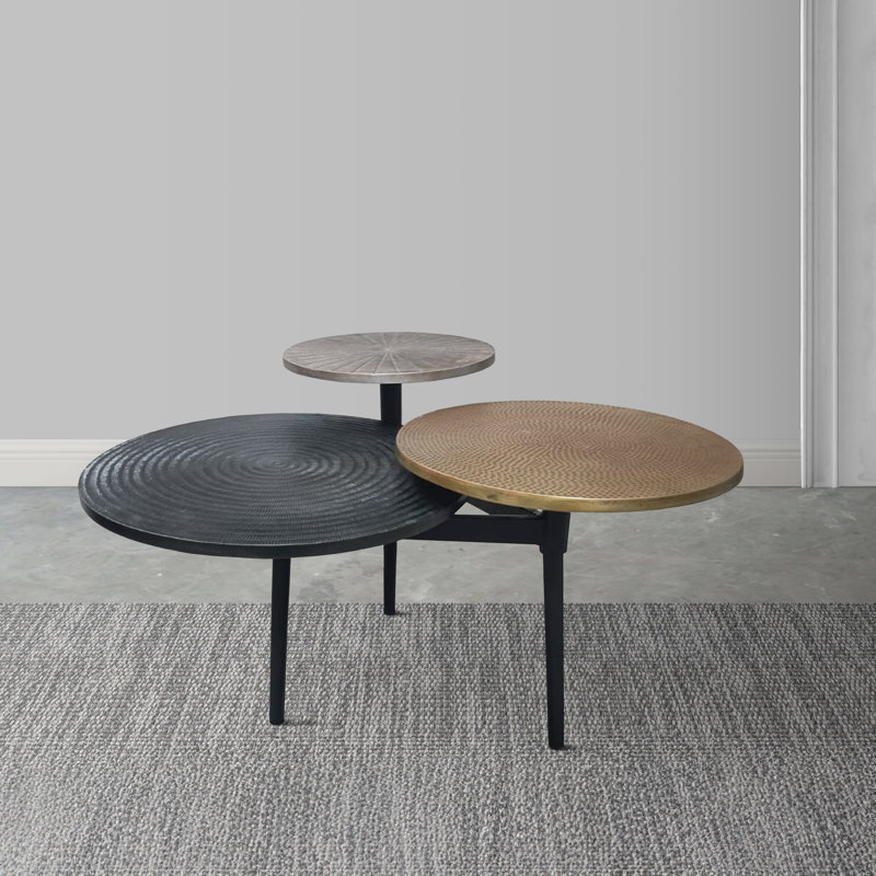 Geoff Trilogy 3 Tier Coffee Table, Handcrafted In Black, Antiqued Brass And Silver Finish, 37-Inch