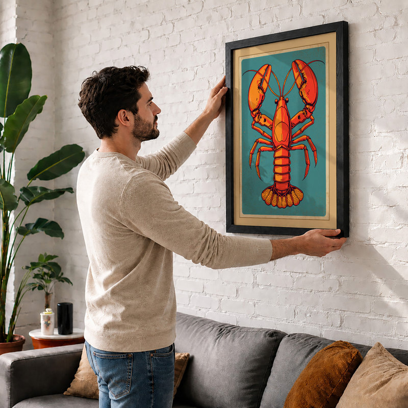 Centered Lobster Retro - Framed Print, Black, A3 - 42.0 x 29.7 cm