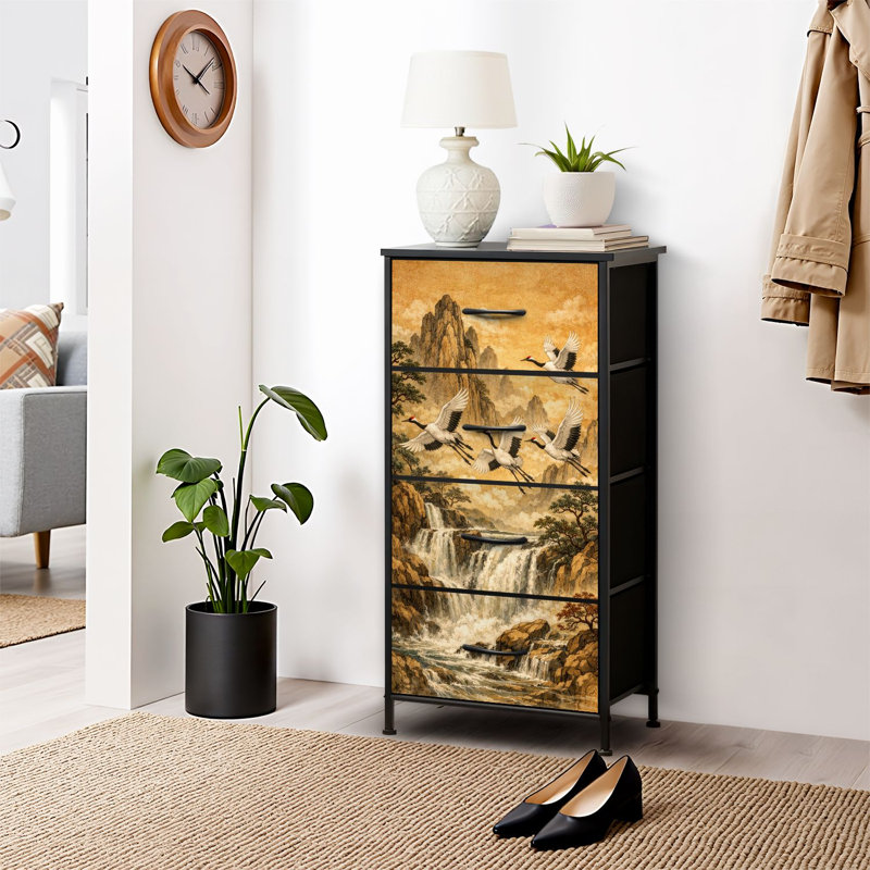 Commode 4 tiroirs pour chambre à coucher, commode étroite, plateau en bois et structure de bureau en fer 18 po x 37,5 po (lxH) - avec grues couronnées rouges, impression de paysage de style japonais doré