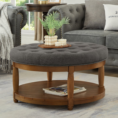 Grande table basse ronde avec repose-pieds rembourré en lin et grand repose-pieds avec rangement en bois