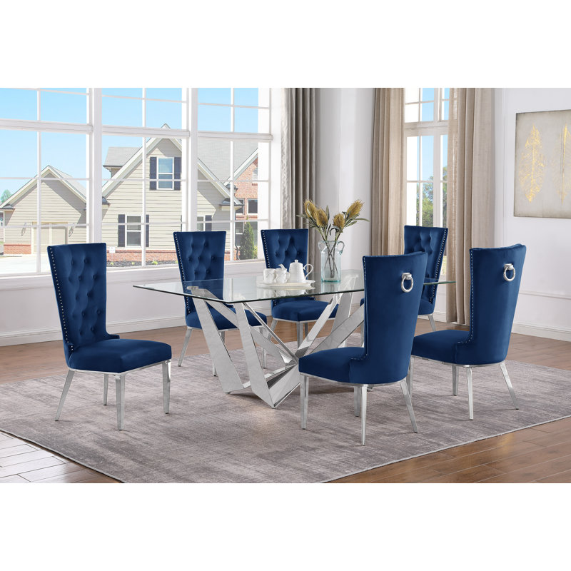 Lebanon Glass Top Trestle Dining Set, Navy Blue/Silver, 7