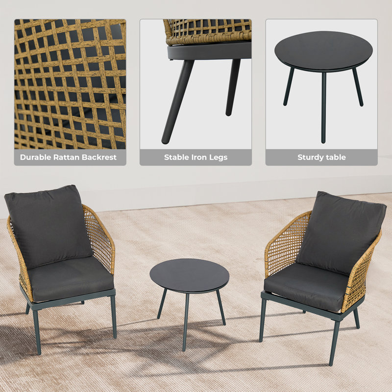 Ensemble bistro en osier 3 pièces pour conversation avec 3 chaises