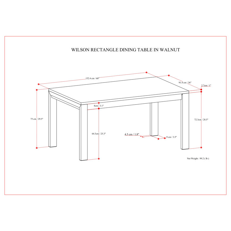 Wilson 60"W Wood Rectangle Dining Table, Transitional Style, Seats 6, Walnut