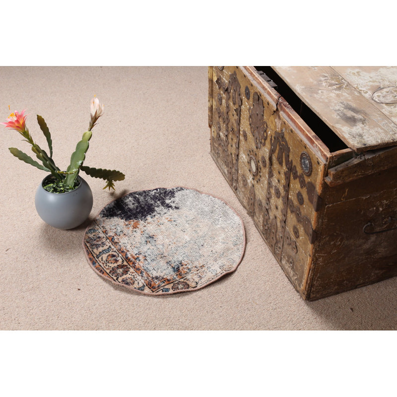 Experience The Warmth Of This Turkish Round Vintage Wool Rug For Modern Doors In Brown