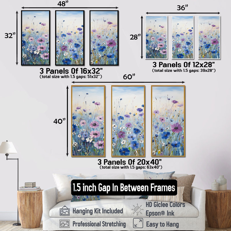 Divine cornflowers Blooming Field III - ensemble d'art mural sur toile Flower Field, Cadre flottant blanc