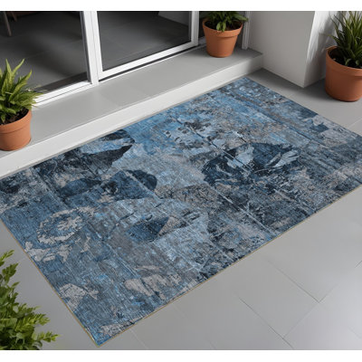 2' X 3' Blue and Dark Blue Abstract Washable Indoor Outdoor Area Rug