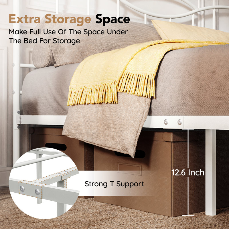 Bed Frame With Headboard,metal Platform Bed Frame Mattress Foundation With Footboard, White, KIng