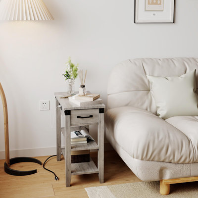 End Table With Charging Station, 3-Tier Narrow Side Table With Drawer And Storage